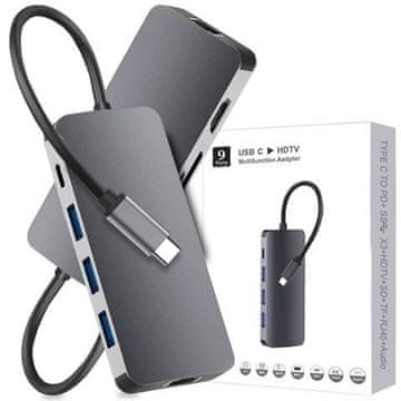 HUB 9u1 HDMI 4K RJ45 USB-C PD 3xUSB AV SD/TF/microSD adapter