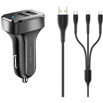 USAMS auto punjač 2xUSB C13 2.1A 3u1 (microUSB/USB-C/lightning) crni/crni NTU35YTSC13TZ