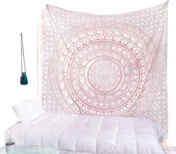 Nikcorp Zidna tapiserija mandala, pamučna dekoracija za zid, višenamjenski prekrivač za krevet, kauč ili plažu, bijelo-roza, 208x232 cm