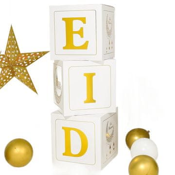 Nikcorp Ukrasne kutije za Ramazan i Bajram, 3 komada, dekoracija za proslave s natpisom EID, za balone, bijelo-zlatne, 30x30 cm