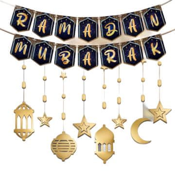 Nikcorp Set ukrasa za Ramazan i Eid Mubarak, 10 komada, viseće girlande i banneri za svečanu atmosferu, zlatno-crni dizajn