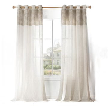 Nikcorp Dekorativne zavjese s ringovima, set 2 kom, poluprozirne za dnevni boravak, spavaću sobu, boho stil, uzorak lišća, bež, 260x140 cm