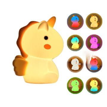 Nikcorp URAQT LED noćna lampa jednorog, silikonska za djecu, 7 duginih boja, 3 razine svjetline, punjiva putem USB-a, bez BPA