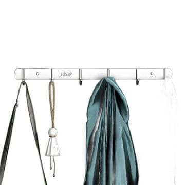 Nikcorp Vješalica za vrata bez bušenja, 6 kukica, nehrđajući čelik, za ručnike i odjeću, nosivost 15 kg, srebrna, 43x21 cm