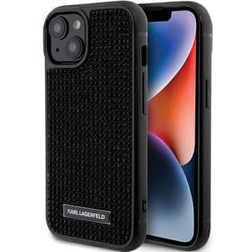 Karl Lagerfeld maskica za iPhone 15 s metalnom pločicom i logotipom u obliku rhinestonea, crna