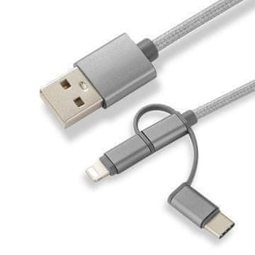 CoreParts 3-u-1 punjački kabel s adapterima Micro USB, USB-C i Lightning, najlonski pleten