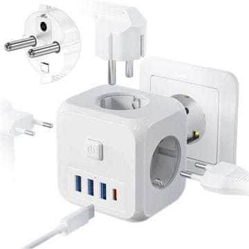 Mrežni razdjelnik, punjač, adapter, thief, 3 EU utičnice, 3x USB + USB-C C 7u1 bijela