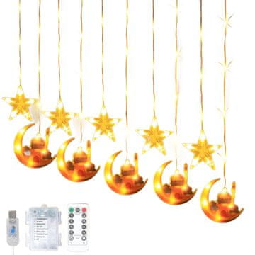 Nikcorp LED svjetlosna zavjesa zvijezde i mjesec, 138 lampica za Ramadan, s daljinskim upravljačem i 8 načina rada, USB napajanje
