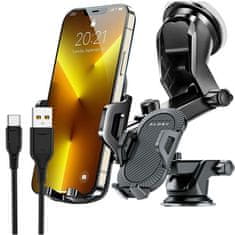 3-u-1 držač za telefon u automobilu, za vjetrobransko staklo, za rešetku, za nadzornu ploču, kokpit, crni + USB-C kabel 2.4A 1m