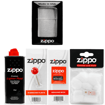 Zippo komplet upaljač brushed chrome benzin kamenčići fitilj vata pribor
