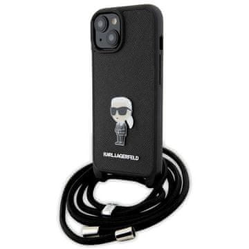 Karl Lagerfeld Karl Lagerfeld maska za iPhone 15, Crossbody Saffiano Monogram Metal Pin Karl & Choupette, crna