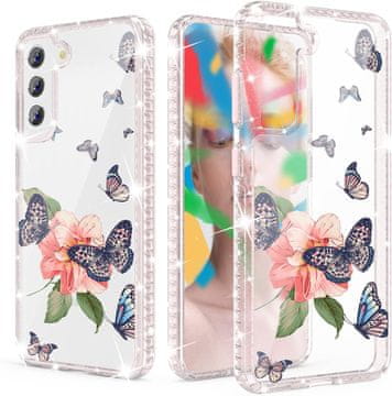 Silikonska maskica za Samsung Galaxy S22+ s ružičastim šljokicama i okvirom od cvijeta i leptira.