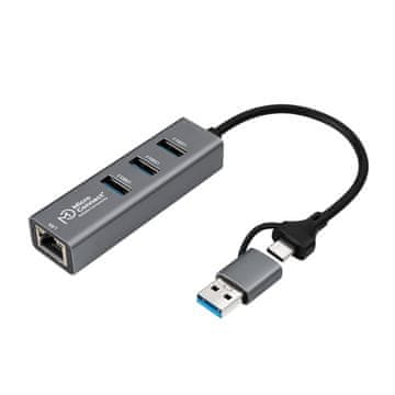 MicroConnect USB 3.2 Gen 1 4-portni hub s Ethernetom i USB-C i A konektorima, USBHUB-RJ45-2IN1