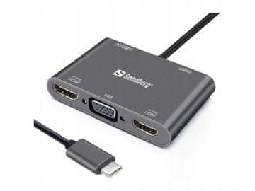 Sandberg USB-C priključna stanica 2xHDMI+1xVGA+USB+PD