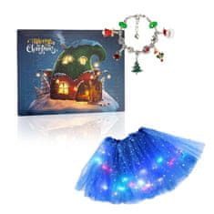 JOJOY® Adventni kalendar s božićnim narukvicama 24 dana, 22 privjesaka + LED svjetleća tutu suknja za djevojčice | ADVENTPRINCESS, plava