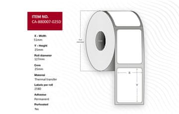Capture Termo transfer etikete 51 x 25 mm, jezgra 25 mm, bez premaza, trajne, 2580 kom/rola, 12 rola u pakiranju, CA-880007-025D