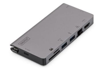 Digitus USB-C višeportni putni dok, 8 priključaka, sivi: 2x video, 2x USB C, 2x USB 3.0, RJ45, 2x čitač kartica, DA-70877