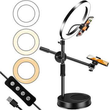 LED prstenasta lampa 10" 2x držač za telefon, stojeći tronožac, stolna lampa, podesiva ruka, crna