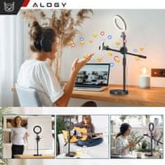 LED prstenasta lampa 10" 2x držač za telefon, stojeći tronožac, stolna lampa, podesiva ruka, crna