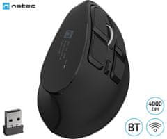 Natec Euphonie PRO vertikalni bežični miš, BT / USB 2.4GHz, 4000DPI, 9 tipki, punjiva baterija, USB-C