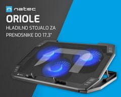 Natec ORIOLE rashladni stalak za laptop, do 17,3, 7 kutova nagiba, 3x120 mm ventilator, LED osvjetljenje, 2x USB-A