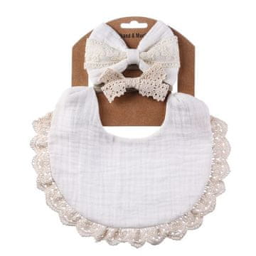 Set dvostranih podbradnika i trake za glavu s mašnom Podbradnik od muslina u vintage/boho stilu s čipkastim obrubom