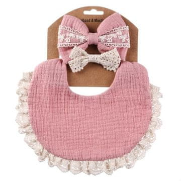 Set dvostranih podbradnika i trake za glavu s mašnom Podbradnik od muslina u vintage/boho stilu s čipkastim obrubom