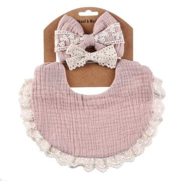 Set dvostranih podbradnika i trake za glavu s mašnom Podbradnik od muslina u vintage/boho stilu s čipkastim obrubom