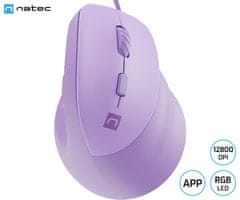 Natec CRAKE 2 PRO vertikalni žičani miš, 12800DPI, 6 tipki, tihi prekidači, RGB LED, ljubičasti