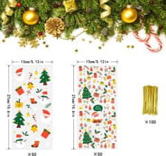 Nikcorp Božićne celofanske vrećice 100 kom, za slatkiše i kolače, s vezicama, vodootporne, 38,4x27 cm, blagdanski motivi