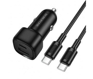 Borofone BZ34B auto punjač Type C (20W) USB A (18W) PD 38W QC 3.0 s kablom Type C - Type C 1m - crn