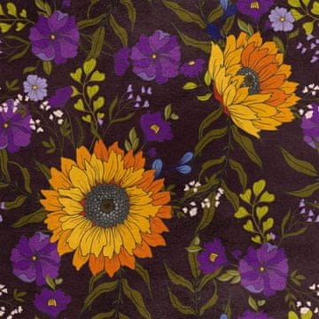 Royal Samt Stoff Polyester Zum Nähen - Motiv Sonnenblumen und lila Blumen