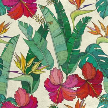 Royal Samt Stoff Polyester Zum Nähen - Motiv Hibiskus auf Bananenblättern