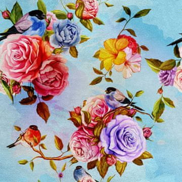 Royal Samt Stoff Polyester Zum Nähen - Motiv Blumen und Vögel auf blauem