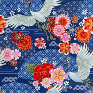 Royal Samt Stoff Polyester Zum Nähen - Motiv Kranich und Blumen 3