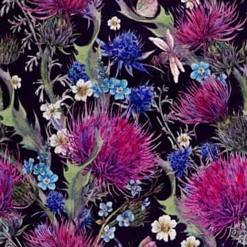 Royal Samt Stoff Polyester Zum Nähen - Motiv Disteln und Blumen