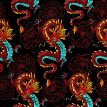 Royal Samt Stoff Polyester Zum Nähen - Motiv Chinesischer Drache und Pfingstrosen
