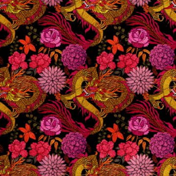 Royal Samt Stoff Polyester Zum Nähen - Motiv Drache in rosa Blüten