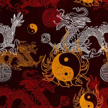 Royal Samt Stoff Polyester Zum Nähen - Motiv Drache, Yin-Yang