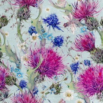 Royal Samt Stoff Polyester Zum Nähen - Motiv Disteln und Blumen 2