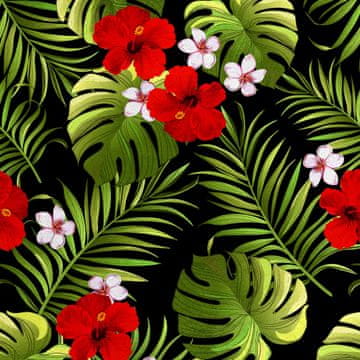 Royal Samt Stoff Polyester Zum Nähen - Motiv Roter Hibiskus auf den Blättern