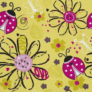 VANJSKI DEKOSTOFFE OXFORD - Motiv Blumen und Marienkäfer auf gelbem I DX631