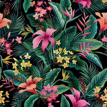 Royal Samt Stoff Polyester Zum Nähen - Motiv rosafarbene tropische Blumen