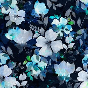 Royal Samt Stoff Polyester Zum Nähen - Motiv Blumen auf blauem Hintergrund