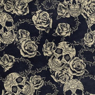 Royal Samt Stoff Polyester Zum Nähen - Motiv Totenköpfe und Rosen mit Dornen 2