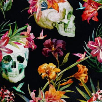 Royal Samt Stoff Polyester Zum Nähen - Motiv Schädel und Lilien