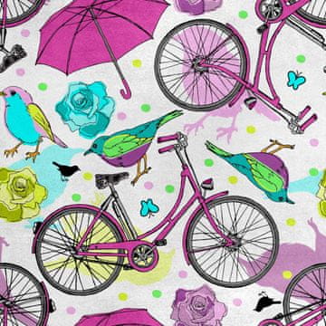 Royal Samt Stoff Polyester Zum Nähen - Motiv Fahrrad Spatz Aquarell