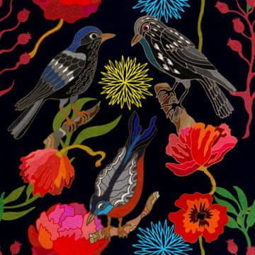 Royal Samt Stoff Polyester Zum Nähen - Motiv Vögel und Mohn