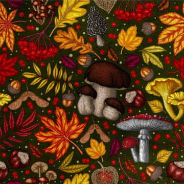 Royal Samt Stoff Polyester Zum Nähen - Motiv Herbstblätter und Pilze