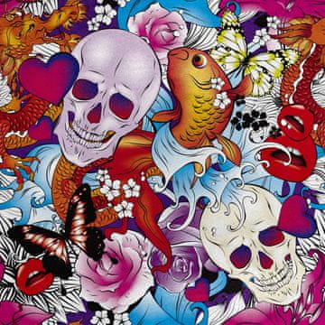 Royal Samt Stoff Polyester Zum Nähen - Motiv Schädel Schmetterlinge Herz Blumen